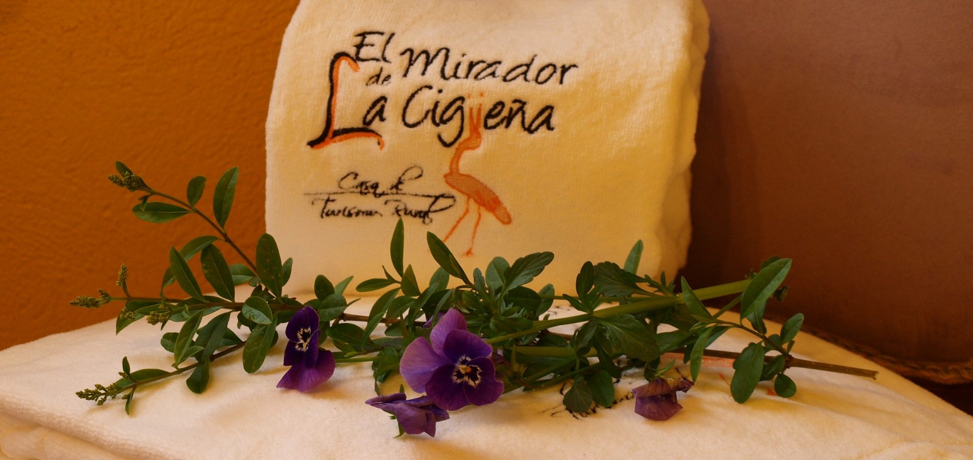 Ramo de pensamientos sobre toalla blanca de alto gramaje con el logo de "El Mirador La Cigüeña".